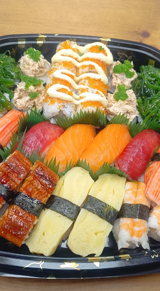 Close up of a colourful platter of sushi